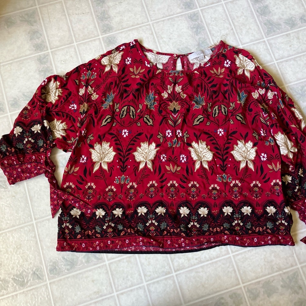 LOFT Long Sleeve Printed Blouse Size XL Tan Red Boho Floral festival Tie Sleeve‎